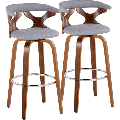 Gardenia 30" Swivel Bar Stool in Walnut Wood & Light Grey Fabric w/ Chrome Footrest (Set of 2)